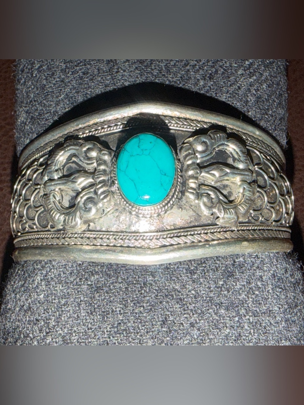 Tibetan Silver-Tone Cuff Bracelet with Turquoise Stone